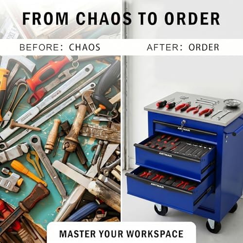 rolling tool chest,stainless steel worktop,blue,4‑drawer showing dimensions