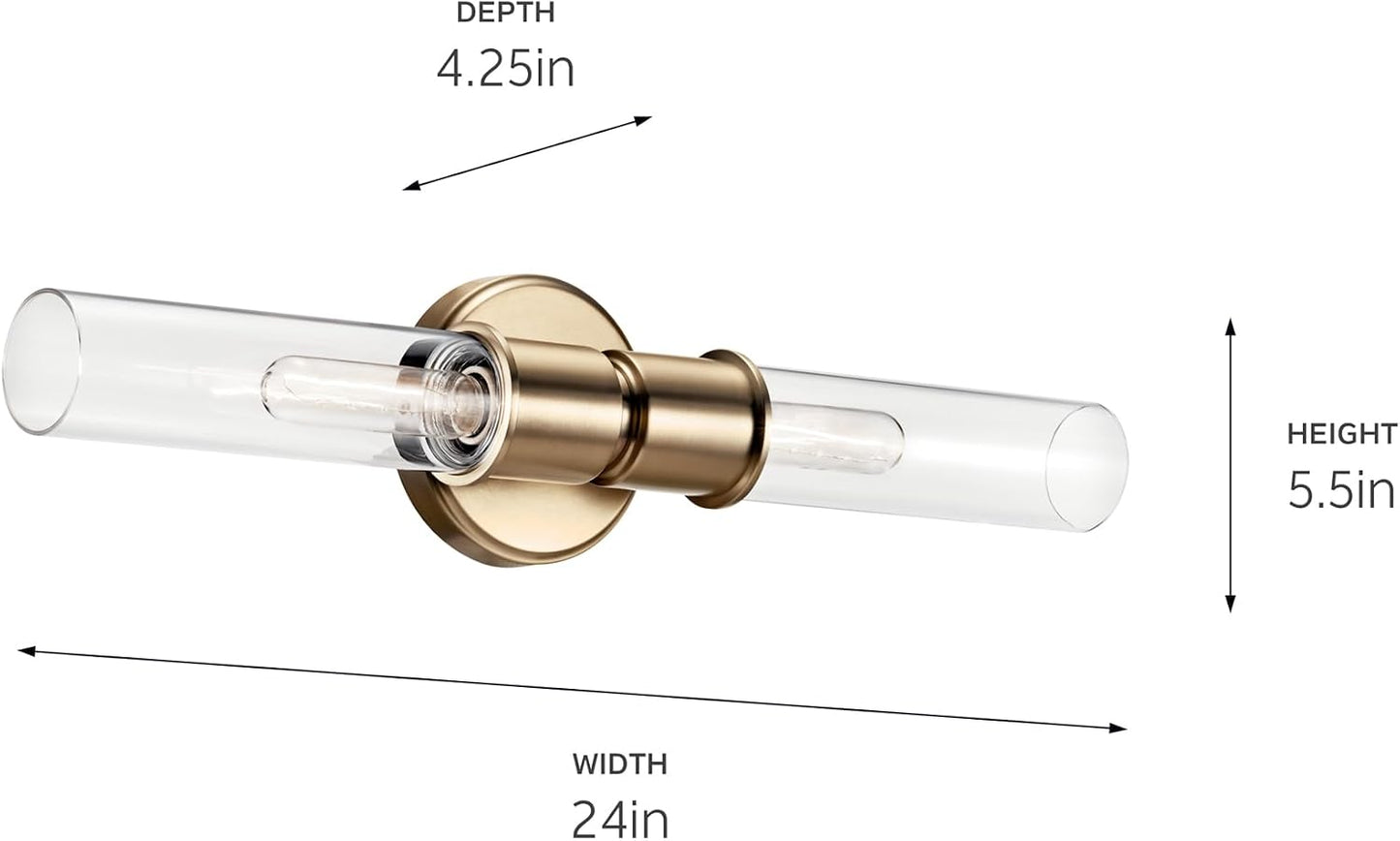Kichler Aviv 24" 2-Light Wall Sconce Light, Champagne Bronze | Clear glass shades mount up or down and showcase bulb filaments in bedrooms, hallways, kitchens and laundry rooms, 52654CPZ