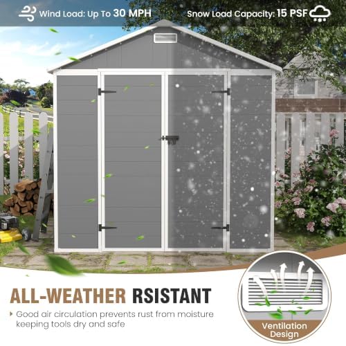 amopatio 8x8 ft storage shed, grey & white showing dimensions
