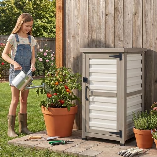small outdoor storage cabinet with waterproof metal top, close-up detail