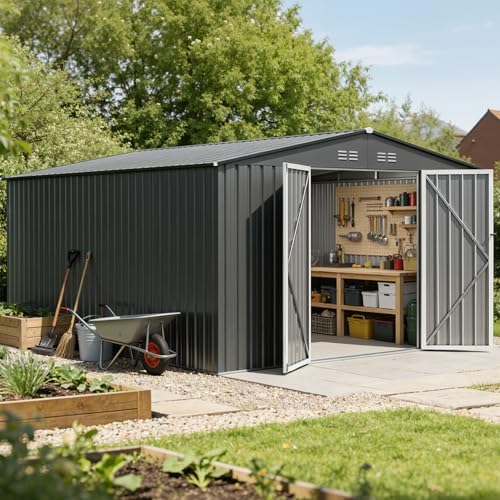 12ft dark grey outdoor storage shed, metal waterproof showing dimensions