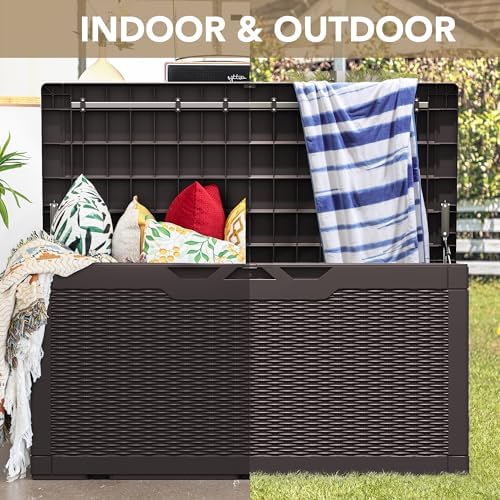 devoko 100 gallon waterproof deck box, resin large, front angle view