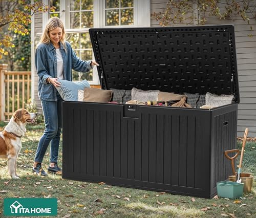 yitahome 260 gallon large deck box with divider, front angle view