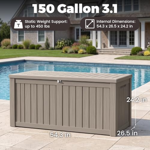 outdoor storage box,150 gallon waterproof deck box [upgraded shown in use