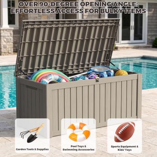 outdoor storage box,150 gallon waterproof deck box [upgraded, front angle view