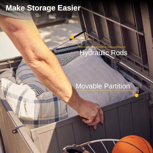 east oak outdoor storage box, 180 gallon deck, front angle view