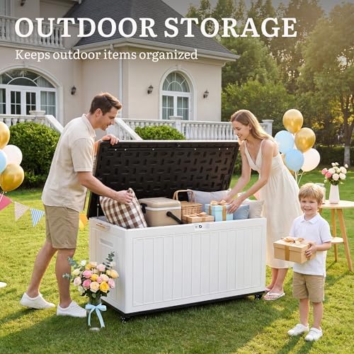 yitahome 90 gallon outdoor storage box with 6 shown in use