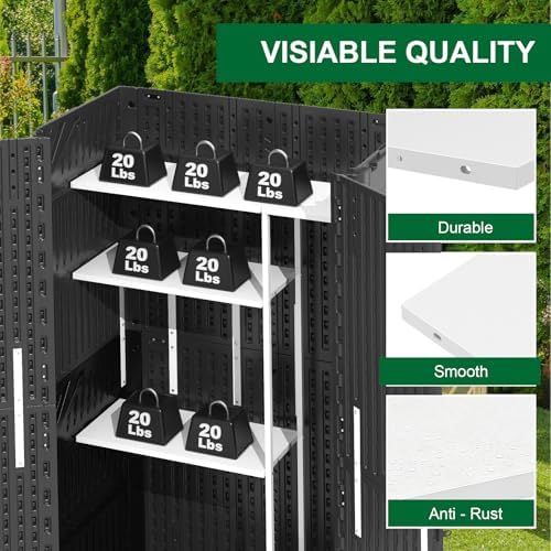 61 cu.ft resin storage shed with metal shelving showing dimensions