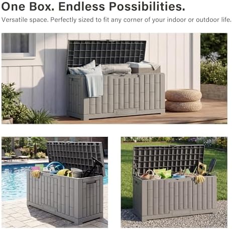 east oak outdoor storage box, 60 gallon deck showing dimensions