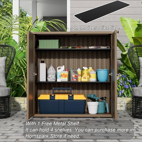 homspark indoor/outdoor storage cabinet with doors and shelf showing dimensions