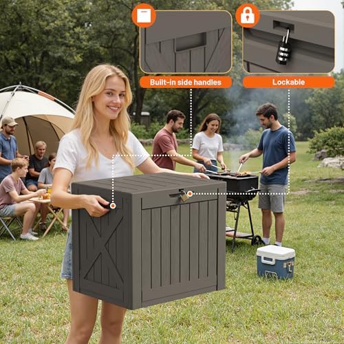 42 gallon outdoor storage box, lockable resin deck shown in use