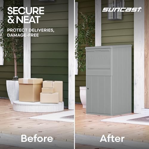 suncast 33.5-gallon capacity package delivery box, parcel drop on a desk or shelf