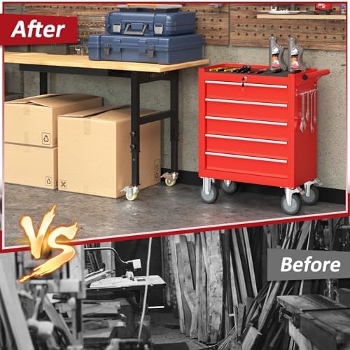 5 drawers rolling tool chest with wheels, portable, front angle view