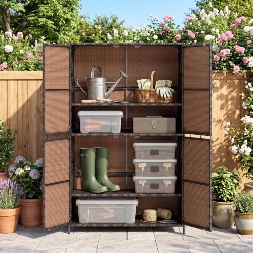 tangkula rattan outdoor storage cabinet with 2 adjustable, front angle view