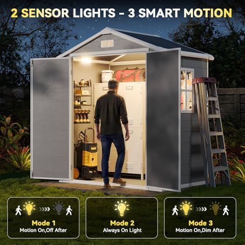 aoxun 6x4 ft outdoor storage shed, resin shed shown in use