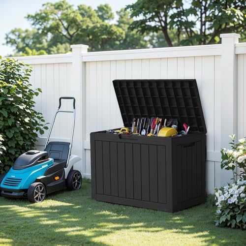 patiozen 60 gallon outdoor storage box, waterproof patio on a desk or shelf