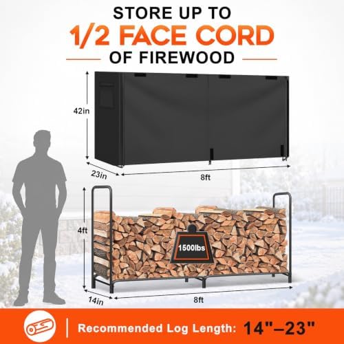 gtongoko 8ft firewood rack outdoor with cover, large shown in use