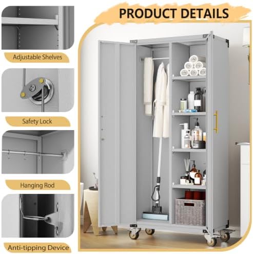 pozdeg 71" rolling lockable metal broom closet storage, side view