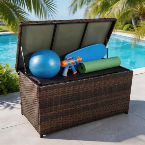 sundale 70 gallon oudoor deck box, large rattan, front angle view