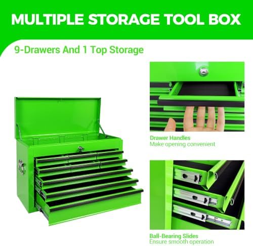9 drawers metal tool box, 24" portable steel on a desk or shelf