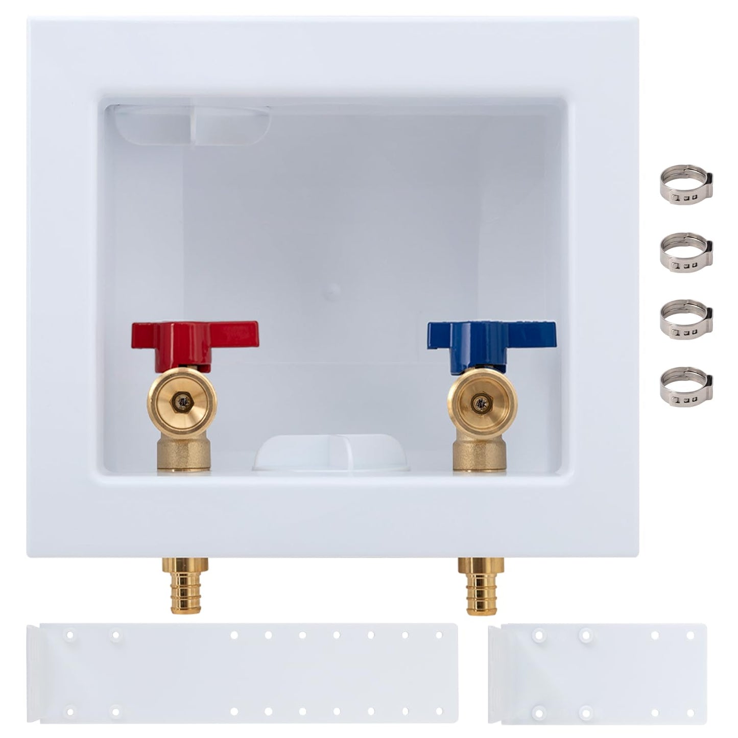 Pex Washing Machine Outlet Box with Center Drain, Laundry Washer Valve Box, 1/2 Inch Pex Crimp Inlet x 3/4 Inch MHT Outlet，with 4 Crimp Rings