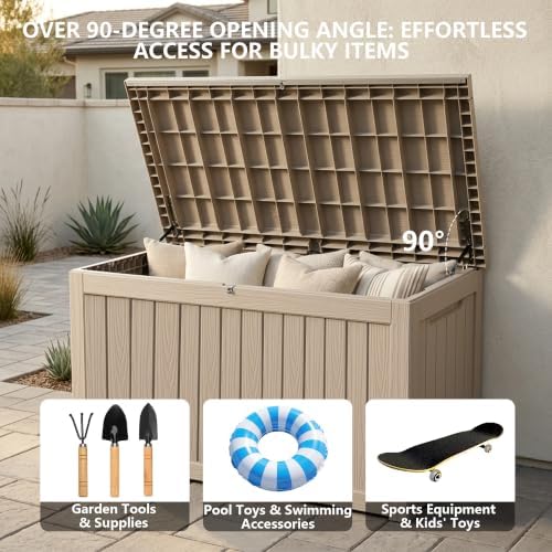 outdoor storage box,270 gallon waterproof deck box [upgraded on a desk or shelf