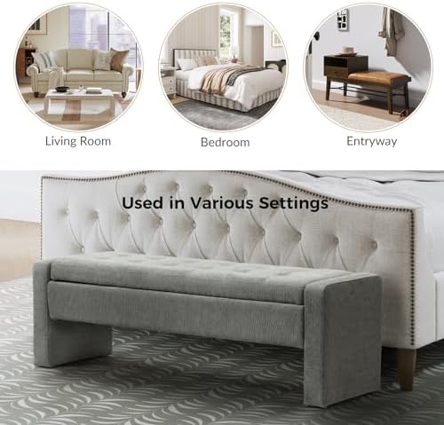 55" modern upholstered storage bench with tufted seat on a desk or shelf