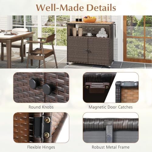 happygrill outdoor storage cabinet with wheels, pe rattan, front angle view