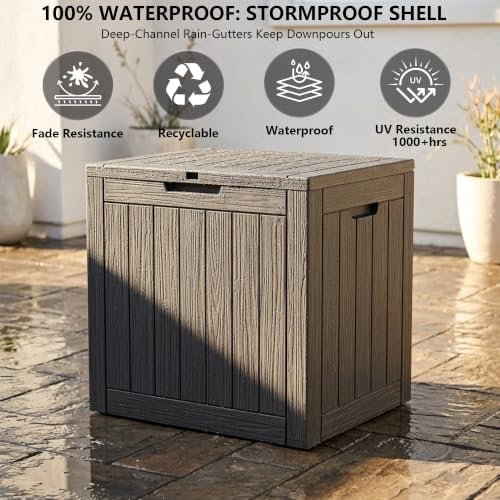 outdoor storage box, 35 gallon waterproof deck box, side view