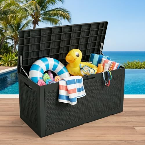 102 gallon resin outdoor storage box, waterproof deck, side view