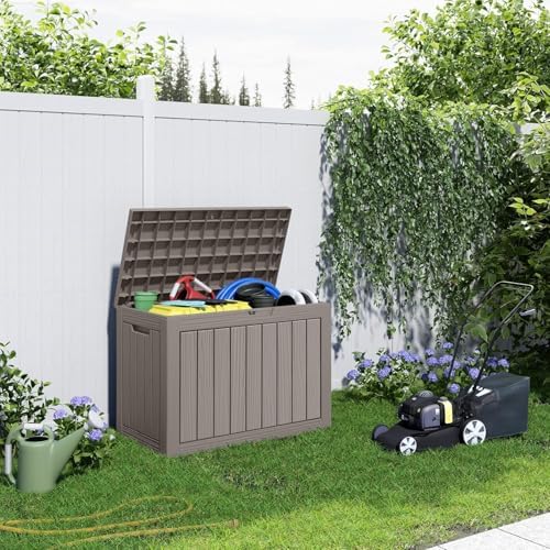 45 gallon outdoor deck box, lockable waterproof outdoor showing dimensions