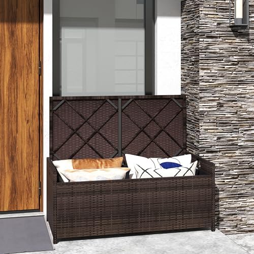 relax4life 34-gallon outdoor storage box - wicker rattan shown in use