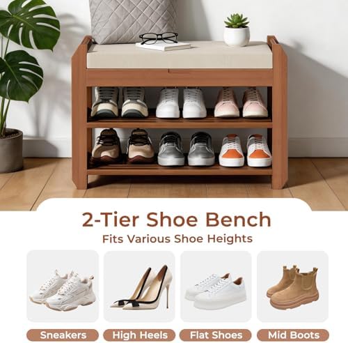 27.6" entryway shoe rack bench with cushion, 2-tier, close-up detail