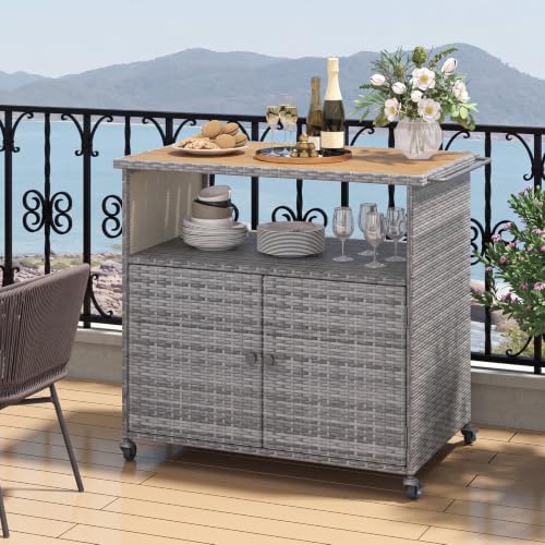 tangkula rattan outdoor storage cabinet with 4 wheels, view 9