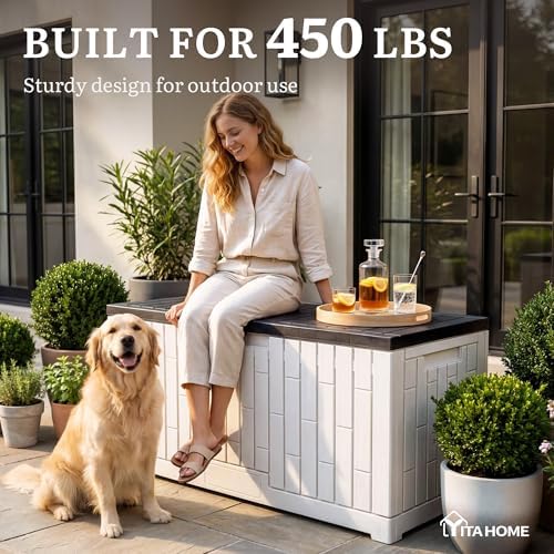yitahome 120 gallon outdoor storage deck box shown in use