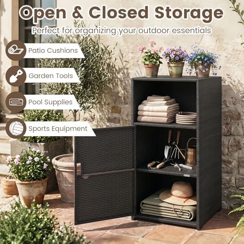 tangkula rattan outdoor storage cabinet with 3 storage, close-up detail
