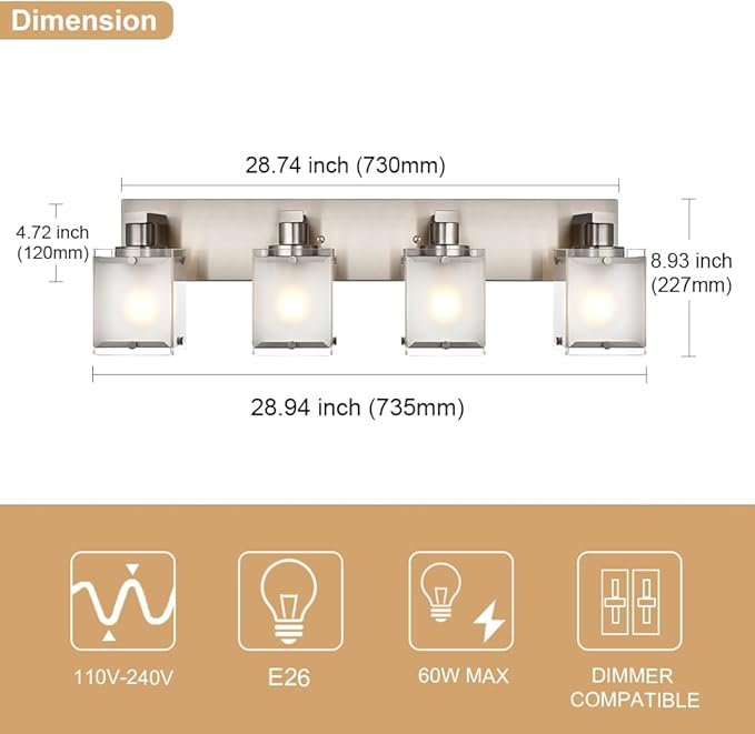 WINSHEN 4-Lights Bathroom Light Fixtures Over Mirror, Brushed Nickel Vanity - Image 4