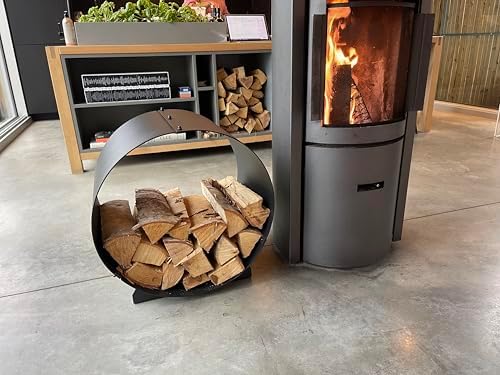 therackco. circular firewood rack for wood storage, metal shown in use