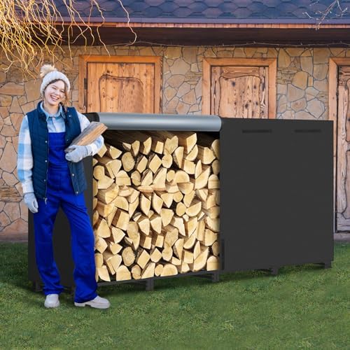 8ft firewood rack outdoor with waterproof widened cover shown in use