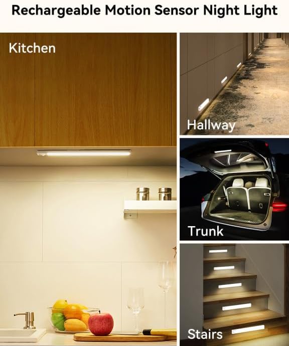 6-Pack 8-Inch Under Cabinet Lighting with Charging Station Rechargeable Motion Sensor Light Indoor 3 Color Dimmable Closet Light USB LED Magnetic Wireless Under Counter Lights for Kitchen Stair