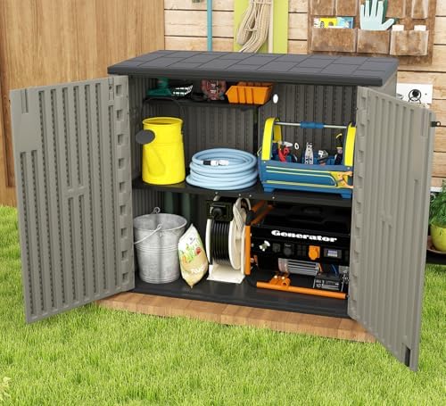 homspark outdoor storage shed 37 cu.ft, all-weather resistant on a desk or shelf