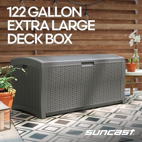 suncast deck box extra large, 122 gallon outdoor shown in use