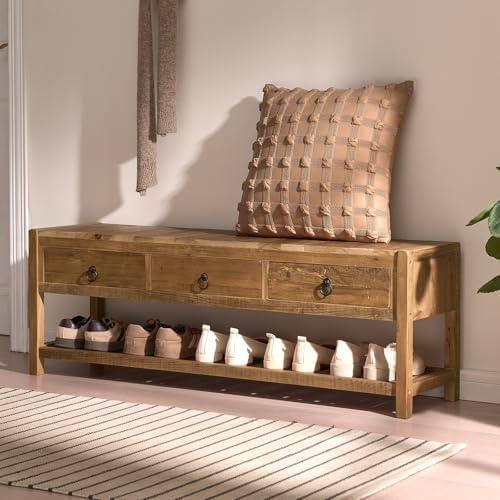 wnutrees 45.2" reclaimed solid wood entryway bench with, front angle view