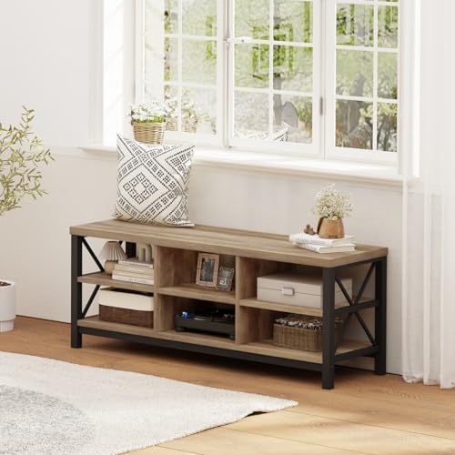 fatorri shoe bench entryway with storage, industrial wood on a desk or shelf