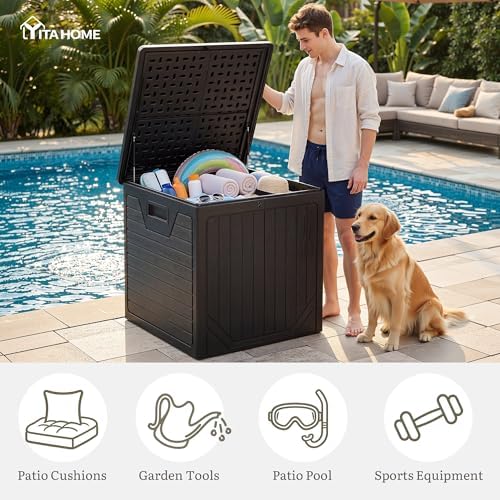yitahome 150 gallon large outdoor deck box showing dimensions