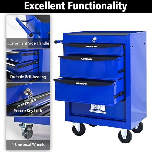 runboll 4 drawer rolling tool chest with locker showing dimensions