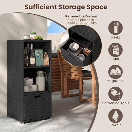 tangkula rattan outdoor storage cabinet, patiojoy outdoor wicker showing dimensions