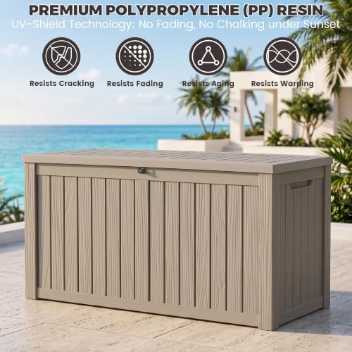 outdoor storage box, 180 gallon waterproof deck box, side view