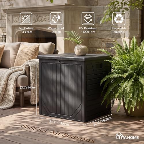 yitahome 150 gallon large outdoor deck box shown in use