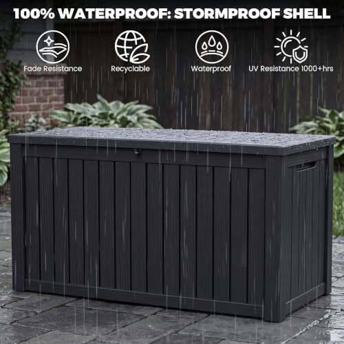 outdoor storage box, 180 gallon waterproof deck box showing dimensions